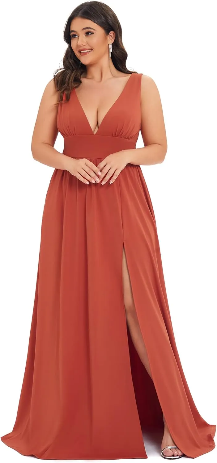 Ever-Pretty Women's Wedding Guest Maxi High Stretch Side Slit Pleated Sleeveless Plus Size Formal Dresses