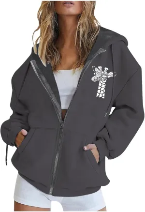 Fall Jacket For Women Trendy Oversized Sweatshirts Teen Girls Trendy y2k Clothes Printed Full Zip Up Hoodies