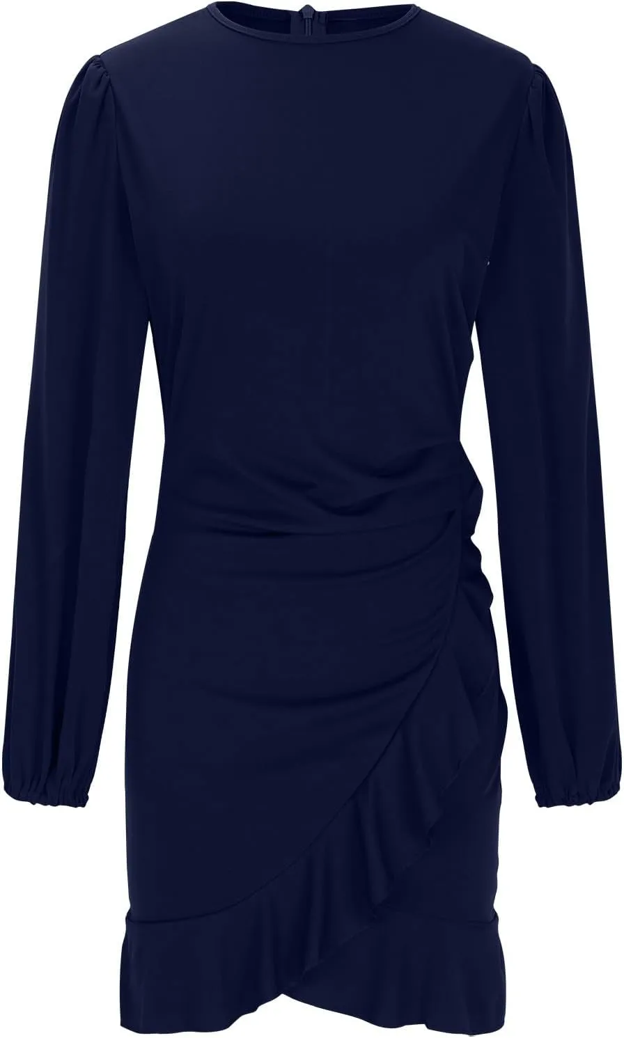 Fall Sexy Short Dresses for Women Puff Long Sleeve Ruffle Hem Mini Dresses Trendy Cozy Slim Fit Wrap Bodycon Dresses