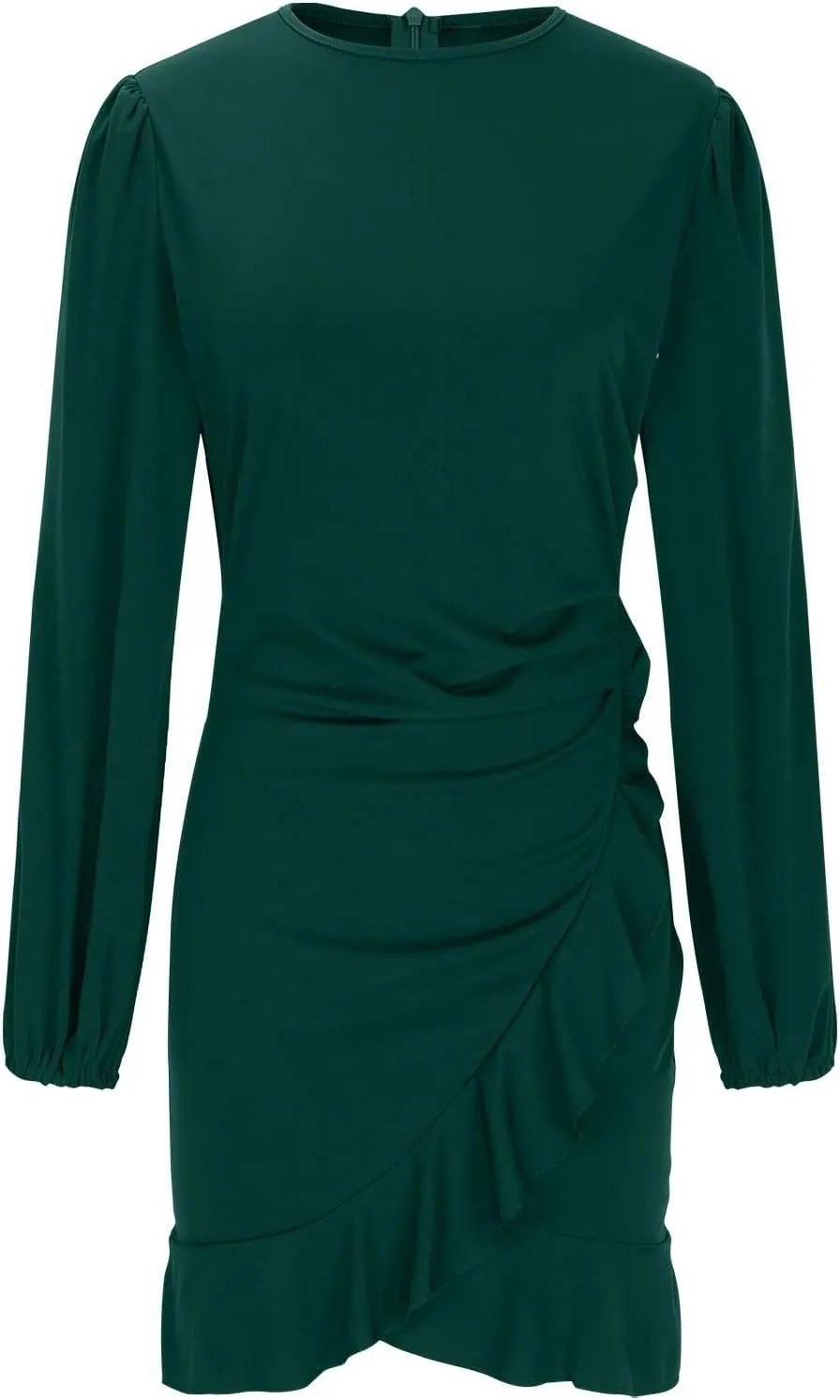 Fall Sexy Short Dresses for Women Puff Long Sleeve Ruffle Hem Mini Dresses Trendy Cozy Slim Fit Wrap Bodycon Dresses