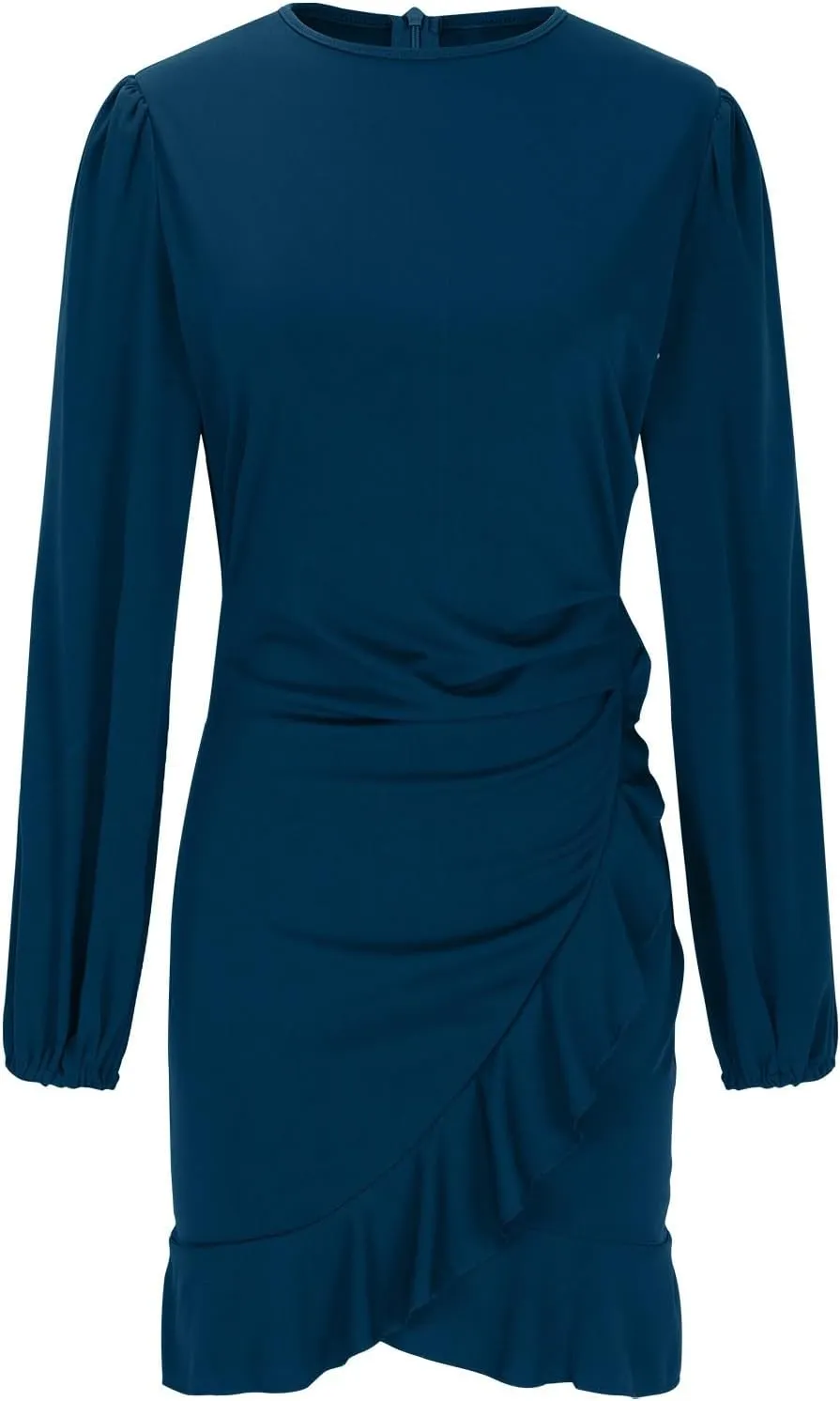 Fall Sexy Short Dresses for Women Puff Long Sleeve Ruffle Hem Mini Dresses Trendy Cozy Slim Fit Wrap Bodycon Dresses