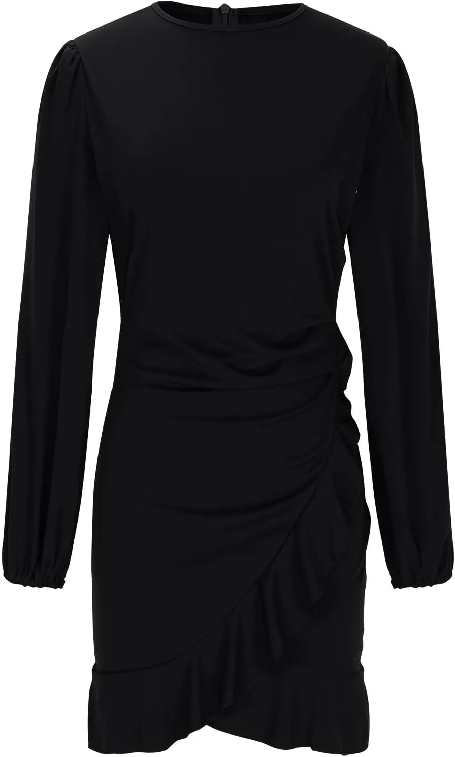 Fall Sexy Short Dresses for Women Puff Long Sleeve Ruffle Hem Mini Dresses Trendy Cozy Slim Fit Wrap Bodycon Dresses