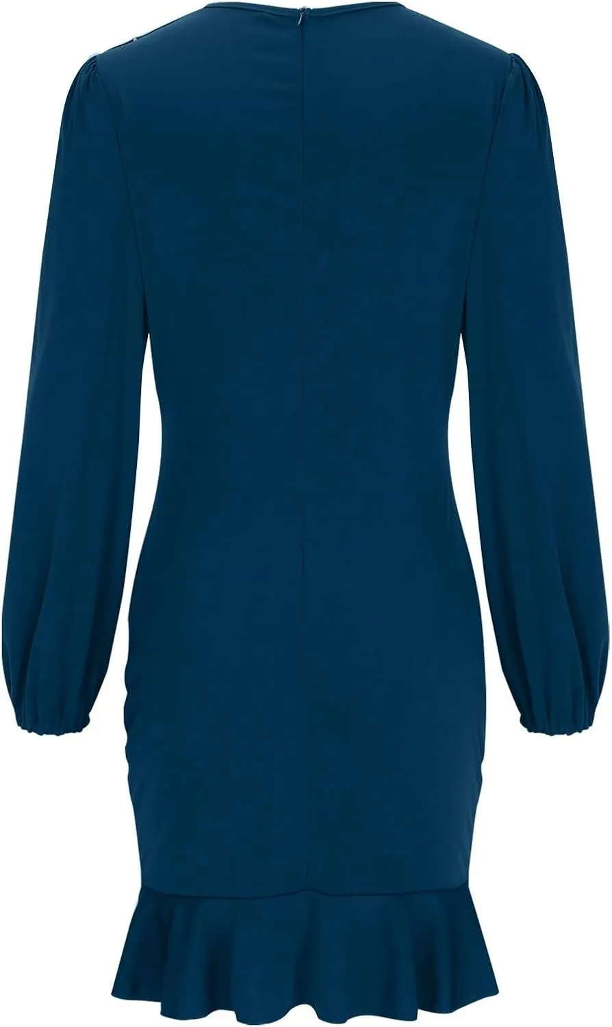 Fall Sexy Short Dresses for Women Puff Long Sleeve Ruffle Hem Mini Dresses Trendy Cozy Slim Fit Wrap Bodycon Dresses