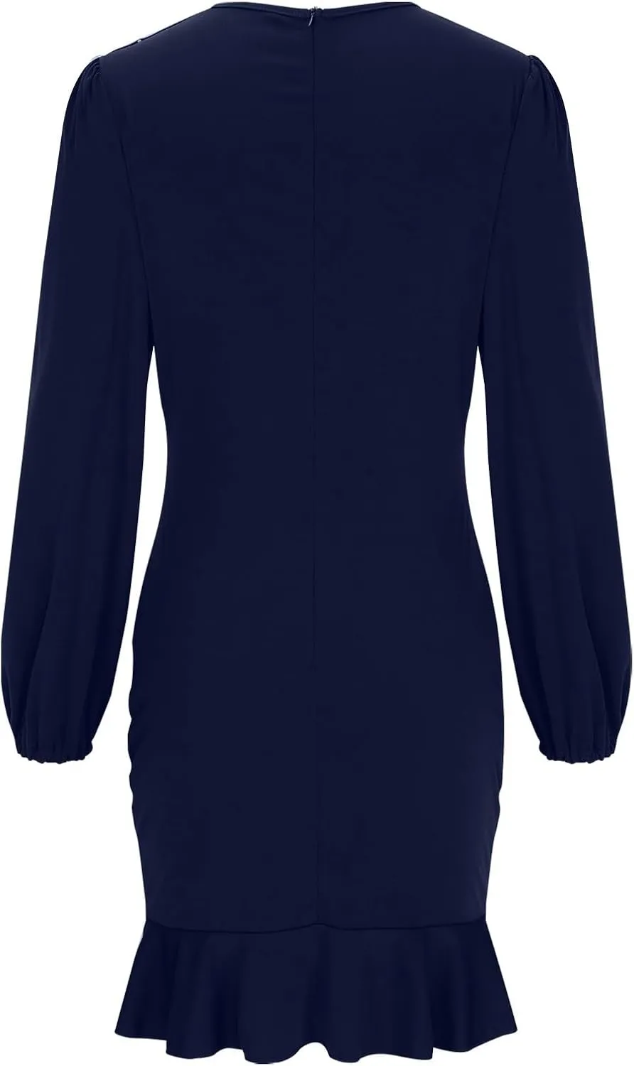 Fall Sexy Short Dresses for Women Puff Long Sleeve Ruffle Hem Mini Dresses Trendy Cozy Slim Fit Wrap Bodycon Dresses