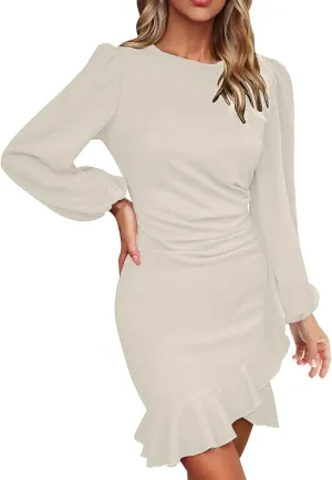Fall Sexy Short Dresses for Women Puff Long Sleeve Ruffle Hem Mini Dresses Trendy Cozy Slim Fit Wrap Bodycon Dresses