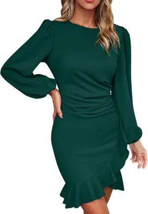 Fall Sexy Short Dresses for Women Puff Long Sleeve Ruffle Hem Mini Dresses Trendy Cozy Slim Fit Wrap Bodycon Dresses