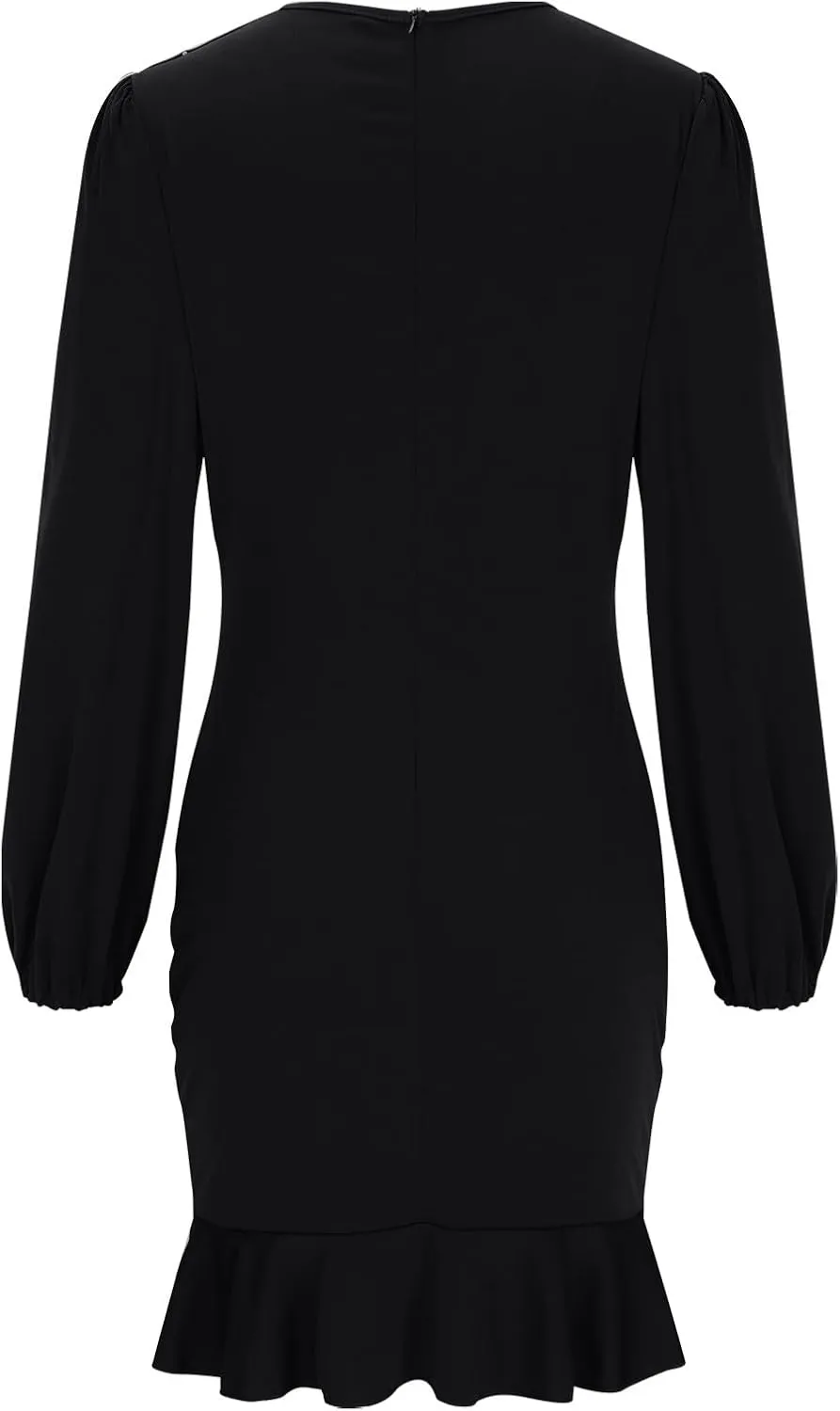 Fall Sexy Short Dresses for Women Puff Long Sleeve Ruffle Hem Mini Dresses Trendy Cozy Slim Fit Wrap Bodycon Dresses