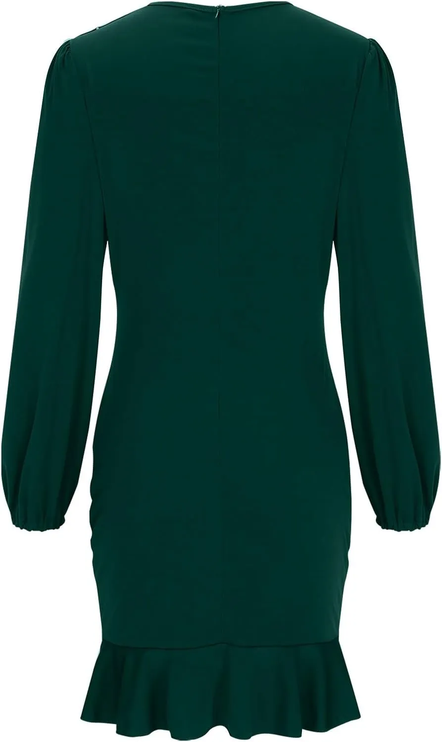 Fall Sexy Short Dresses for Women Puff Long Sleeve Ruffle Hem Mini Dresses Trendy Cozy Slim Fit Wrap Bodycon Dresses
