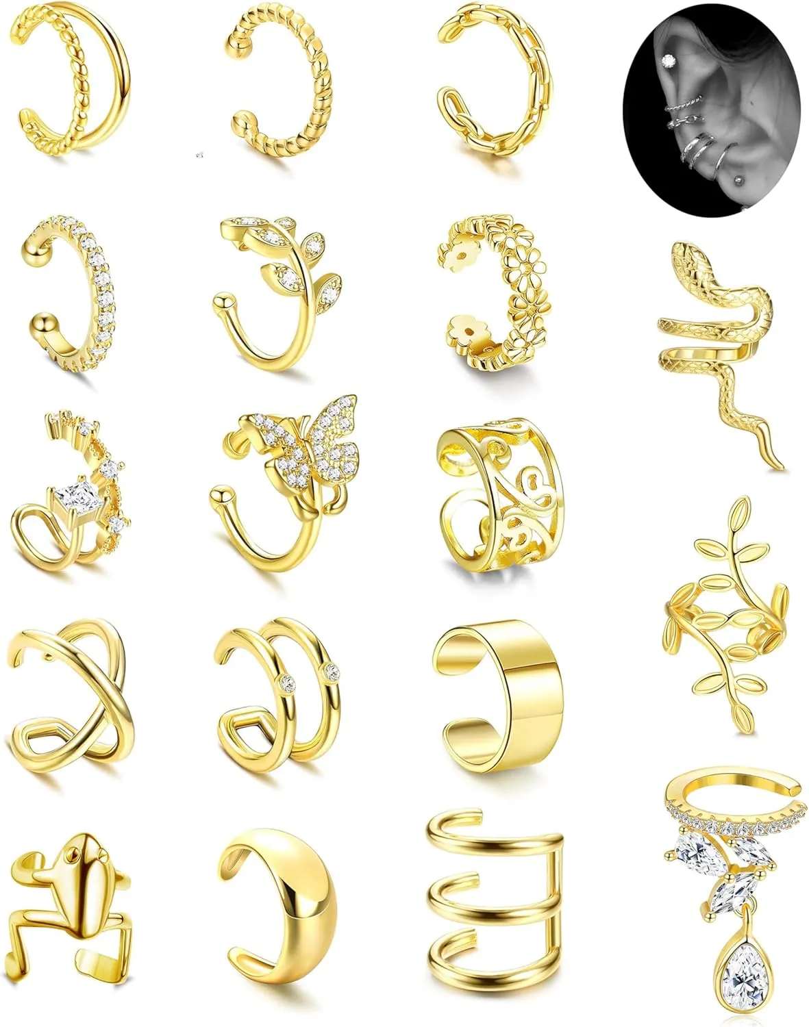 Fansilver 18Pcs Ear Cuff Earrings for Women Non Piercing Gold Ear Cuffs 14K Gold Plated Earring Cuffs for Non Pierced Clip On Cartilage Earrings Adjustable Fake Earrings Lightweight