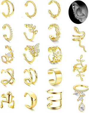Fansilver 18Pcs Ear Cuff Earrings for Women Non Piercing Gold Ear Cuffs 14K Gold Plated Earring Cuffs for Non Pierced Clip On Cartilage Earrings Adjustable Fake Earrings Lightweight