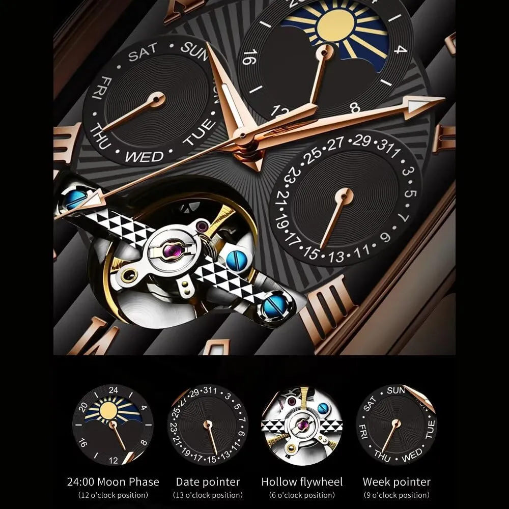 Fashion Men's Automatic Mechanical Watches Luxury Tourbillon Genuine Leather Waterproof Wristwatch Moon Phase Date-Week Multi Functional Display Casual Business Mens Watch