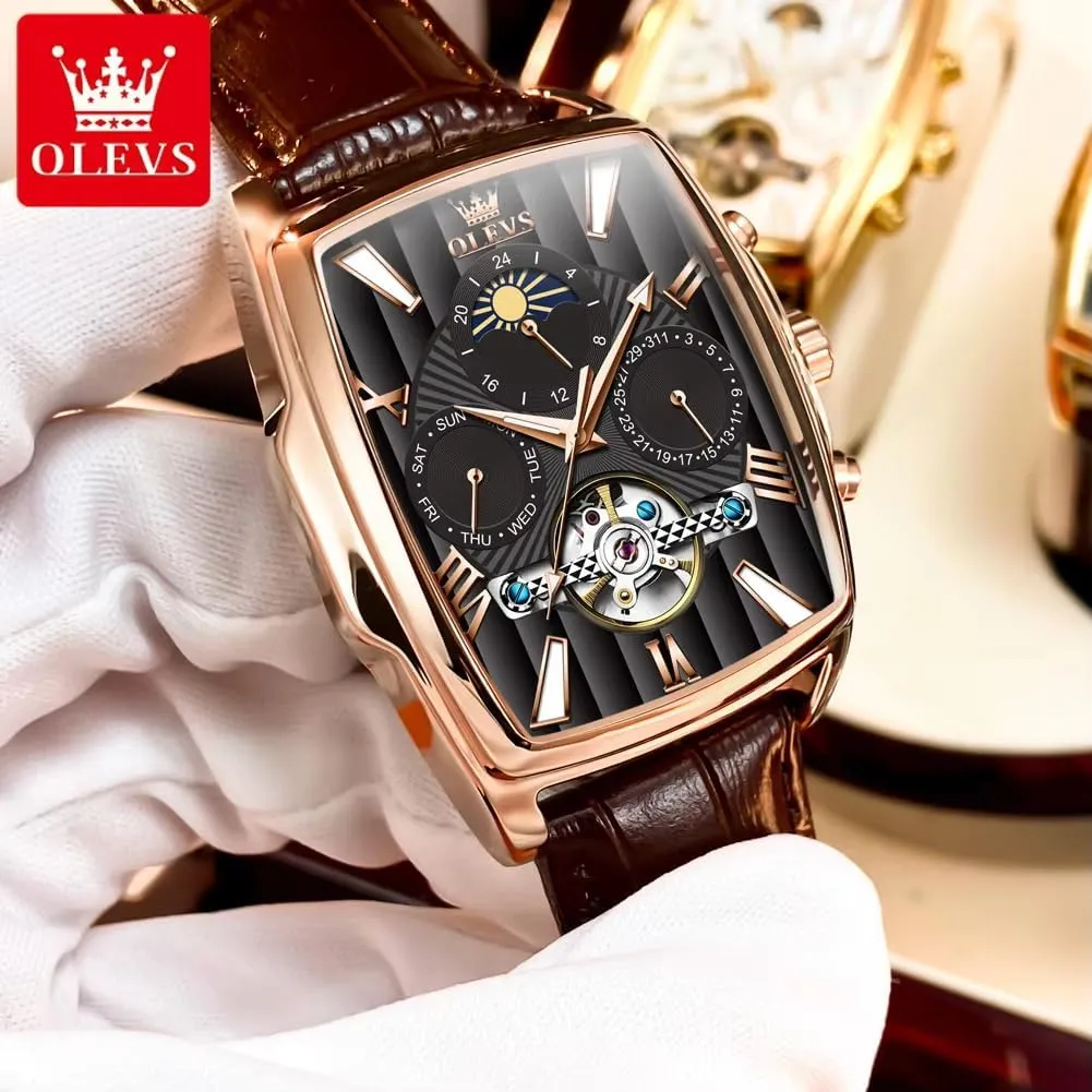 Fashion Men's Automatic Mechanical Watches Luxury Tourbillon Genuine Leather Waterproof Wristwatch Moon Phase Date-Week Multi Functional Display Casual Business Mens Watch