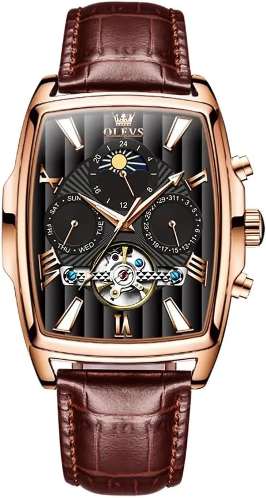 Fashion Men's Automatic Mechanical Watches Luxury Tourbillon Genuine Leather Waterproof Wristwatch Moon Phase Date-Week Multi Functional Display Casual Business Mens Watch