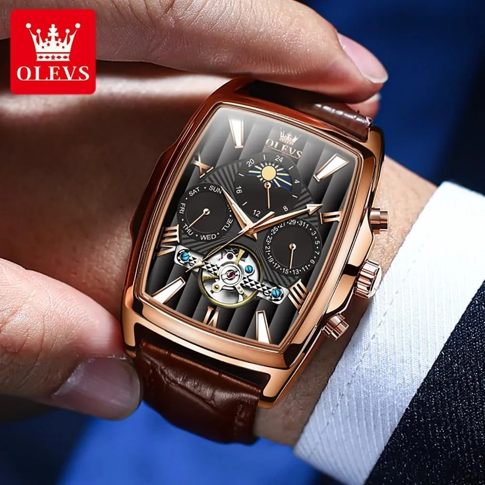 Fashion Men's Automatic Mechanical Watches Luxury Tourbillon Genuine Leather Waterproof Wristwatch Moon Phase Date-Week Multi Functional Display Casual Business Mens Watch