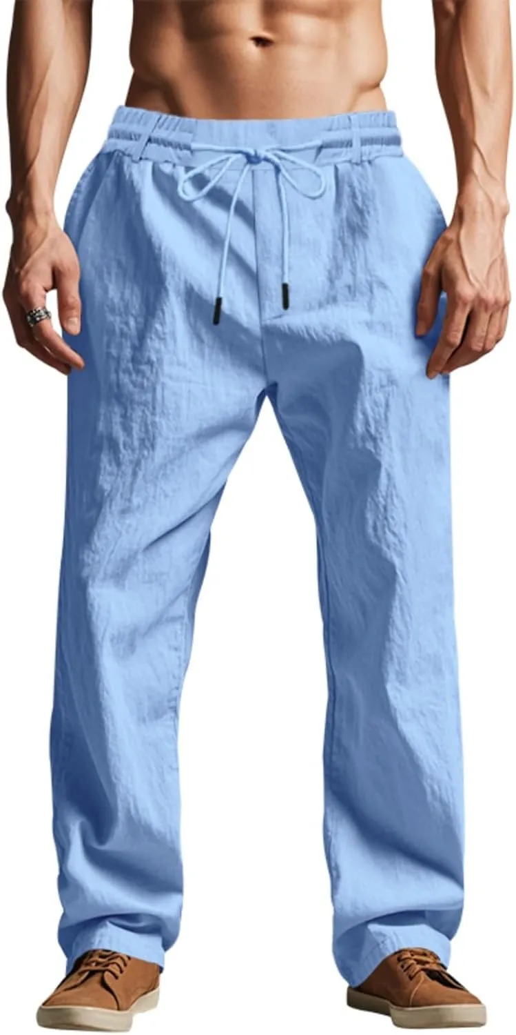 Finelylove Mens Linen Pants Elastic Waist Drawstring Lightweight Casual Pants Relaxed Fit Summer Beach Lounge Travel Trousers