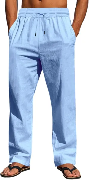 Finelylove Mens Linen Pants Elastic Waist Drawstring Lightweight Casual Pants Relaxed Fit Summer Beach Lounge Travel Trousers