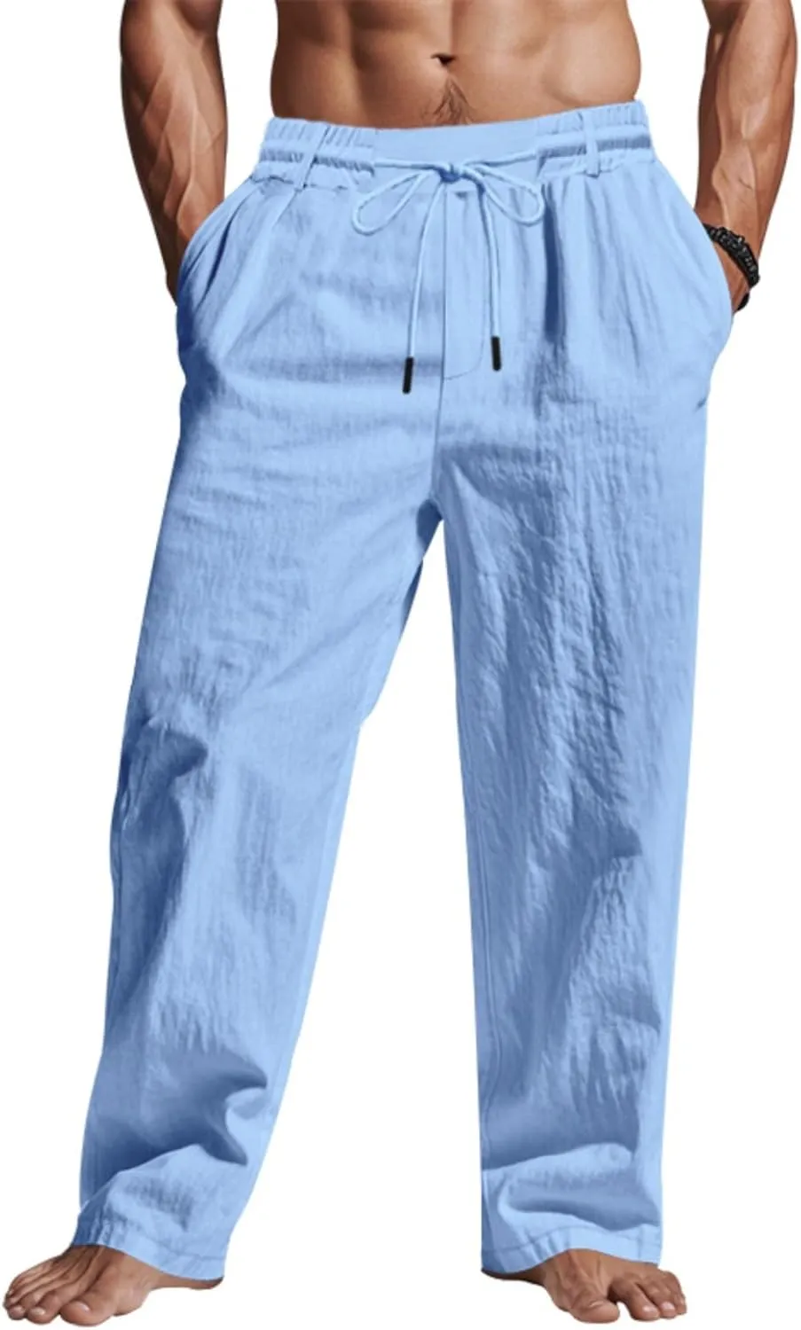 Finelylove Mens Linen Pants Elastic Waist Drawstring Lightweight Casual Pants Relaxed Fit Summer Beach Lounge Travel Trousers