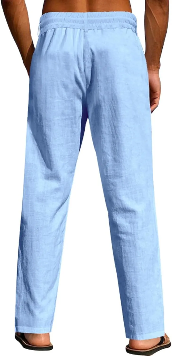 Finelylove Mens Linen Pants Elastic Waist Drawstring Lightweight Casual Pants Relaxed Fit Summer Beach Lounge Travel Trousers