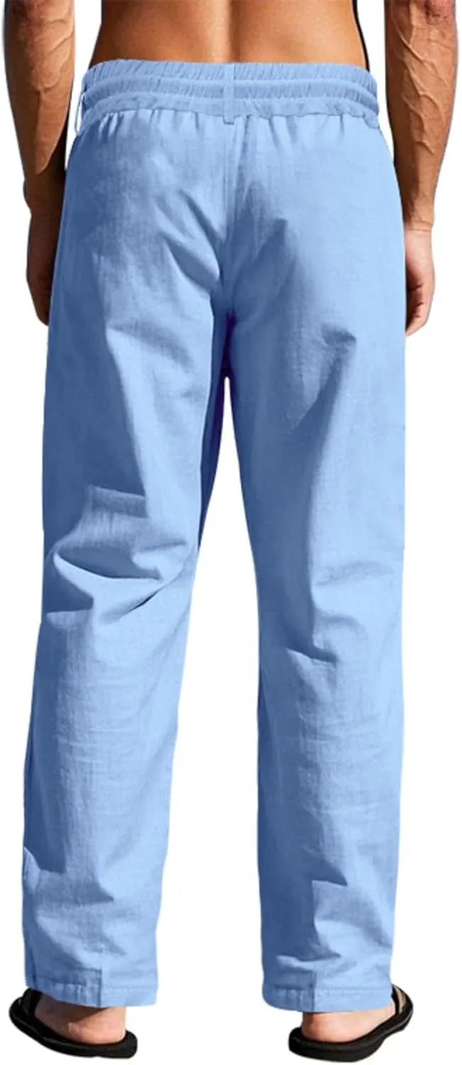 Finelylove Mens Linen Pants Elastic Waist Drawstring Lightweight Casual Pants Relaxed Fit Summer Beach Lounge Travel Trousers