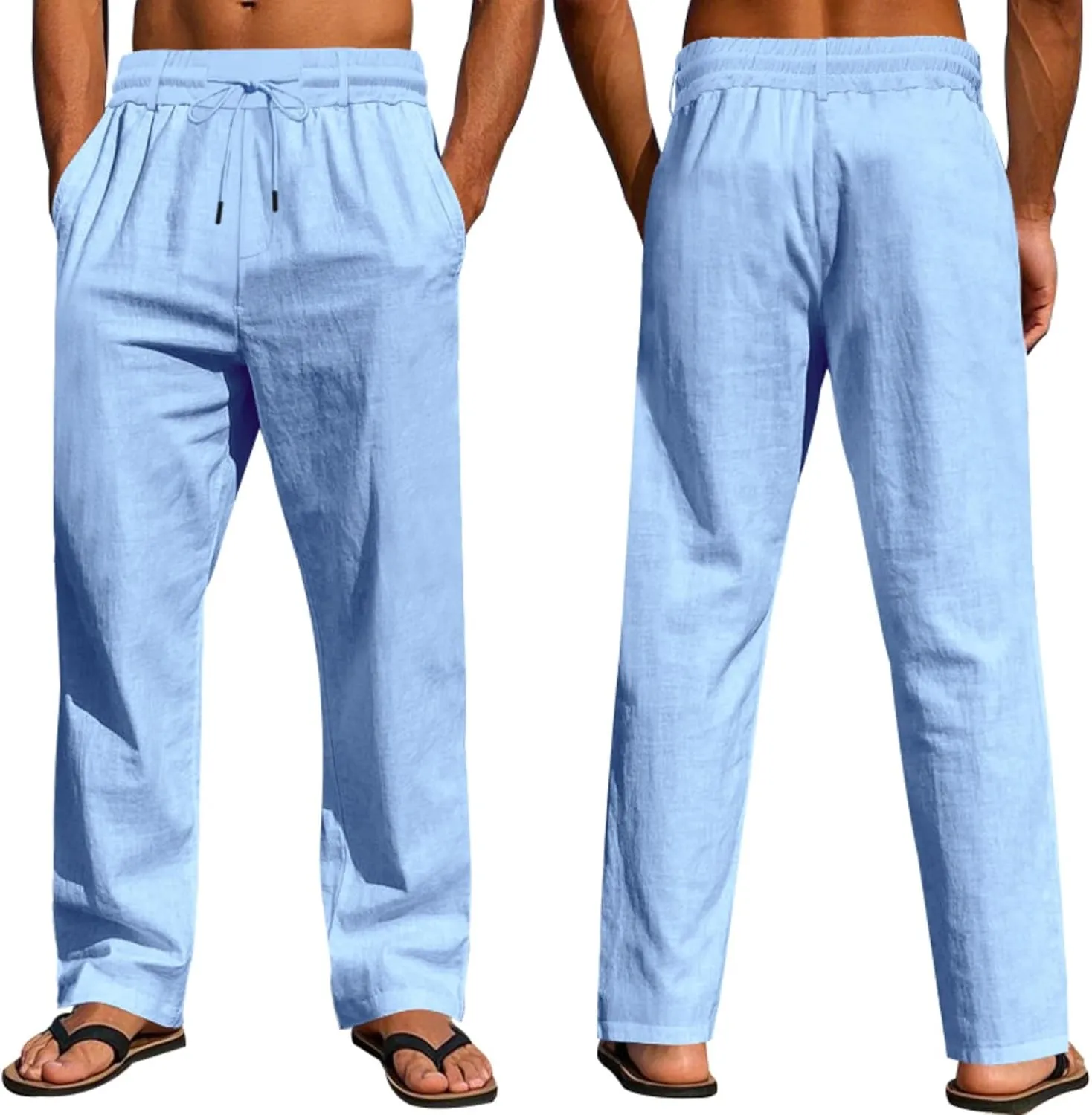 Finelylove Mens Linen Pants Elastic Waist Drawstring Lightweight Casual Pants Relaxed Fit Summer Beach Lounge Travel Trousers