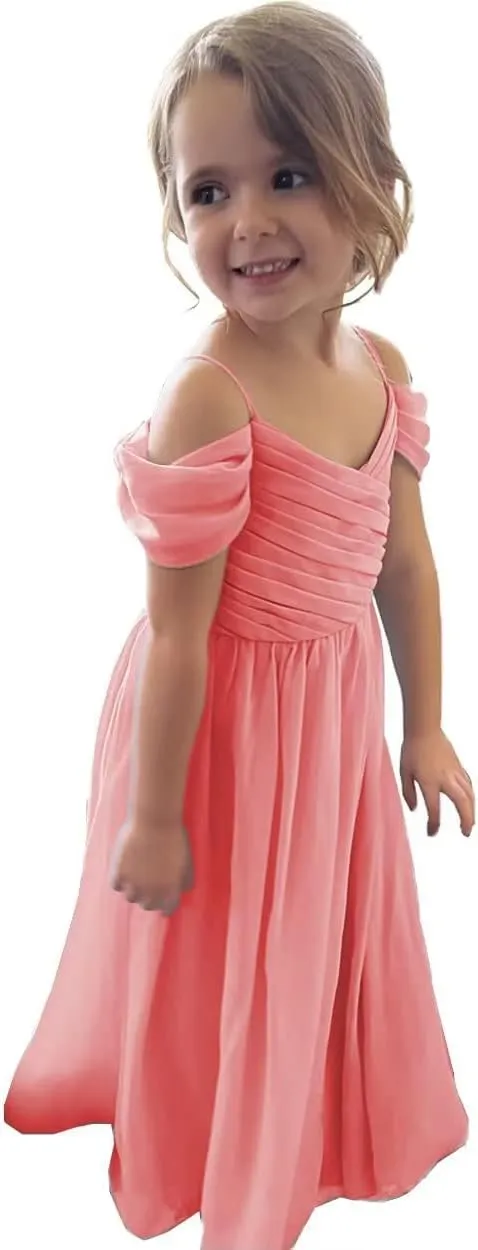 Flower Girl Dress 2025 Long Off Shoulder A Line Chiffon Bridesmaid Dresses for Wedding X09