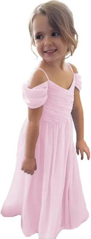 Flower Girl Dress 2025 Long Off Shoulder A Line Chiffon Bridesmaid Dresses for Wedding X09