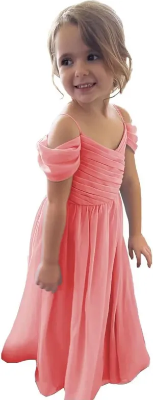 Flower Girl Dress 2025 Long Off Shoulder A Line Chiffon Bridesmaid Dresses for Wedding X09