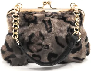 Fosrion Luxurious Leopard-Print Genuine Mink Fur Evening Handbag  Elegant Small Purse for Women with Adjustable Straps