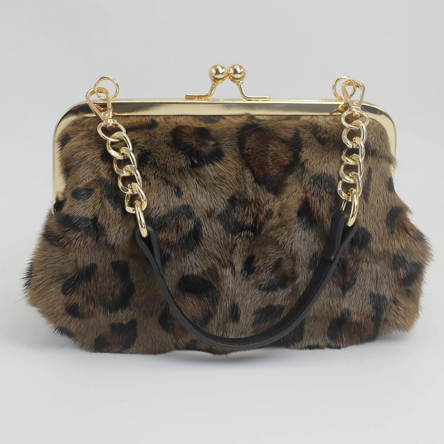 Fosrion Luxurious Leopard-Print Genuine Mink Fur Evening Handbag  Elegant Small Purse for Women with Adjustable Straps
