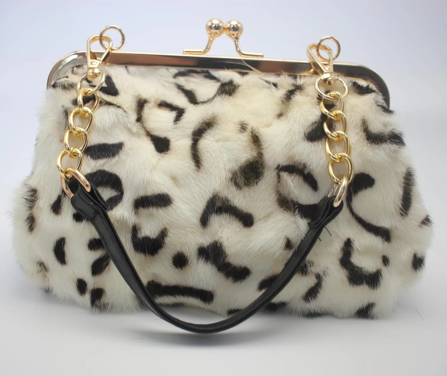 Fosrion Luxurious Leopard-Print Genuine Mink Fur Evening Handbag  Elegant Small Purse for Women with Adjustable Straps