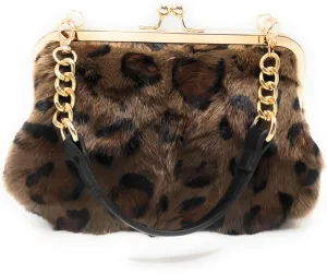 Fosrion Luxurious Leopard-Print Genuine Mink Fur Evening Handbag  Elegant Small Purse for Women with Adjustable Straps