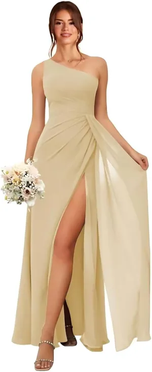 GATMAHE Women's One Shoulder Chiffon Pleated Bridesmaid Dresses Ruched High Slit Formal Dresses A-Line Wedding Guest Gowns