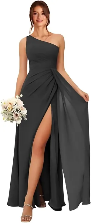 GATMAHE Women's One Shoulder Chiffon Pleated Bridesmaid Dresses Ruched High Slit Formal Dresses A-Line Wedding Guest Gowns
