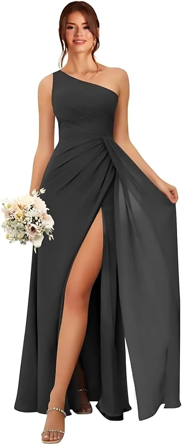 GATMAHE Women's One Shoulder Chiffon Pleated Bridesmaid Dresses Ruched High Slit Formal Dresses A-Line Wedding Guest Gowns