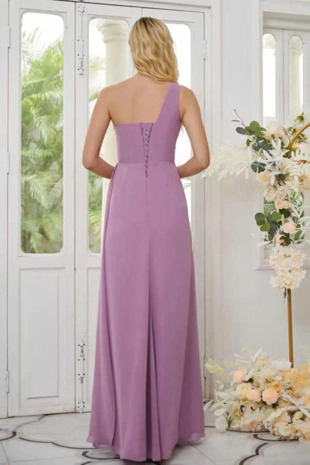 GATMAHE Women's One Shoulder Chiffon Pleated Bridesmaid Dresses Ruched High Slit Formal Dresses A-Line Wedding Guest Gowns