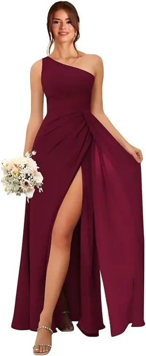 GATMAHE Women's One Shoulder Chiffon Pleated Bridesmaid Dresses Ruched High Slit Formal Dresses A-Line Wedding Guest Gowns