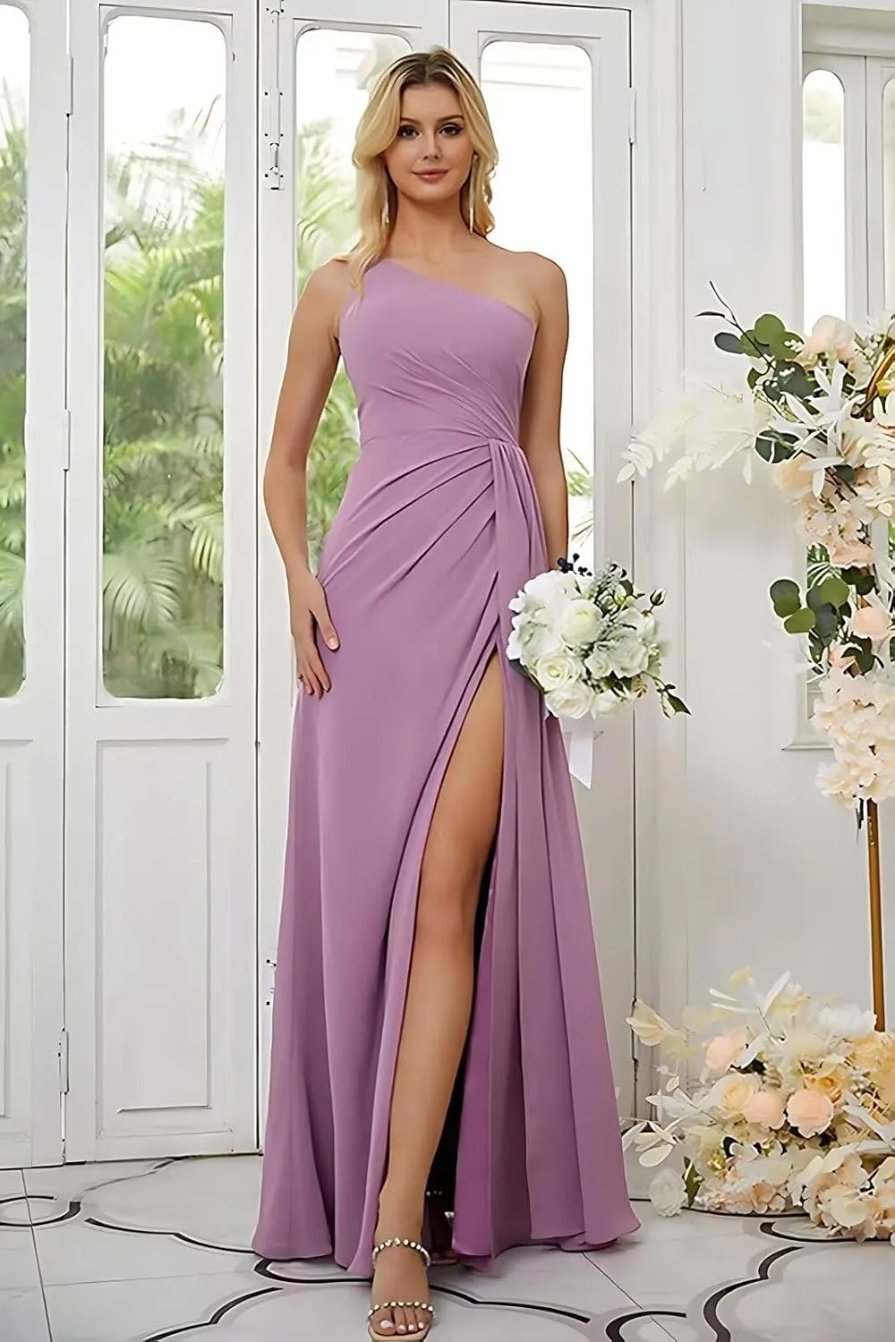 GATMAHE Women's One Shoulder Chiffon Pleated Bridesmaid Dresses Ruched High Slit Formal Dresses A-Line Wedding Guest Gowns