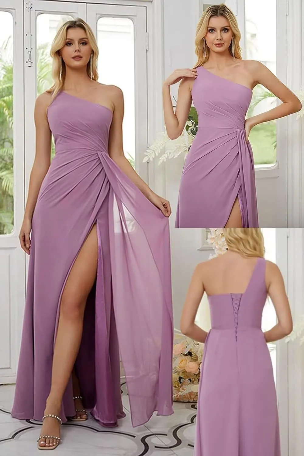 GATMAHE Women's One Shoulder Chiffon Pleated Bridesmaid Dresses Ruched High Slit Formal Dresses A-Line Wedding Guest Gowns