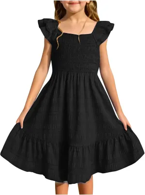 Girl's 2025 Summer Dresses Smocked Flutter Sleeve a Line Sundresses Swing Mini Casual Party Dresses Size 3-14 Years