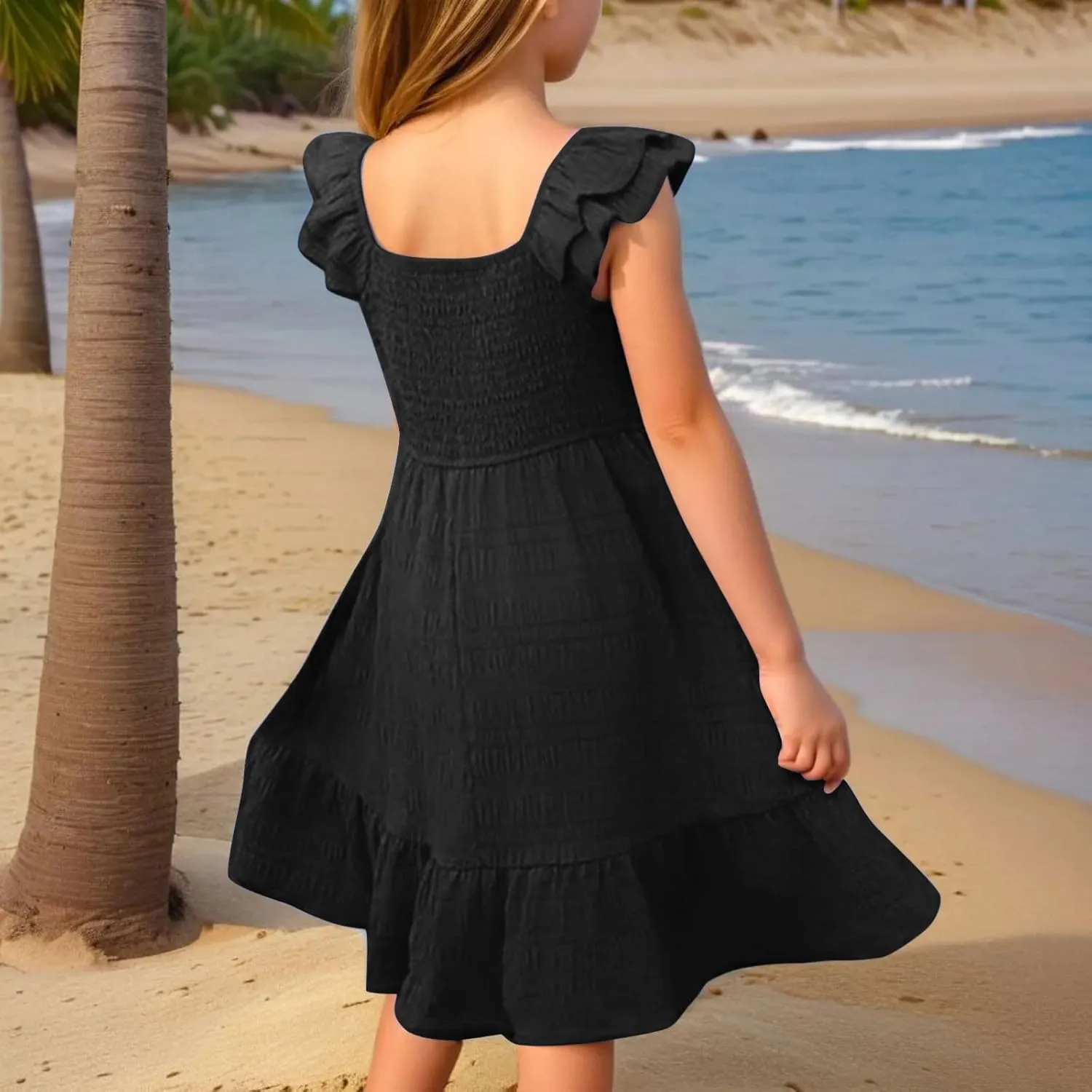 Girl's 2025 Summer Dresses Smocked Flutter Sleeve a Line Sundresses Swing Mini Casual Party Dresses Size 3-14 Years