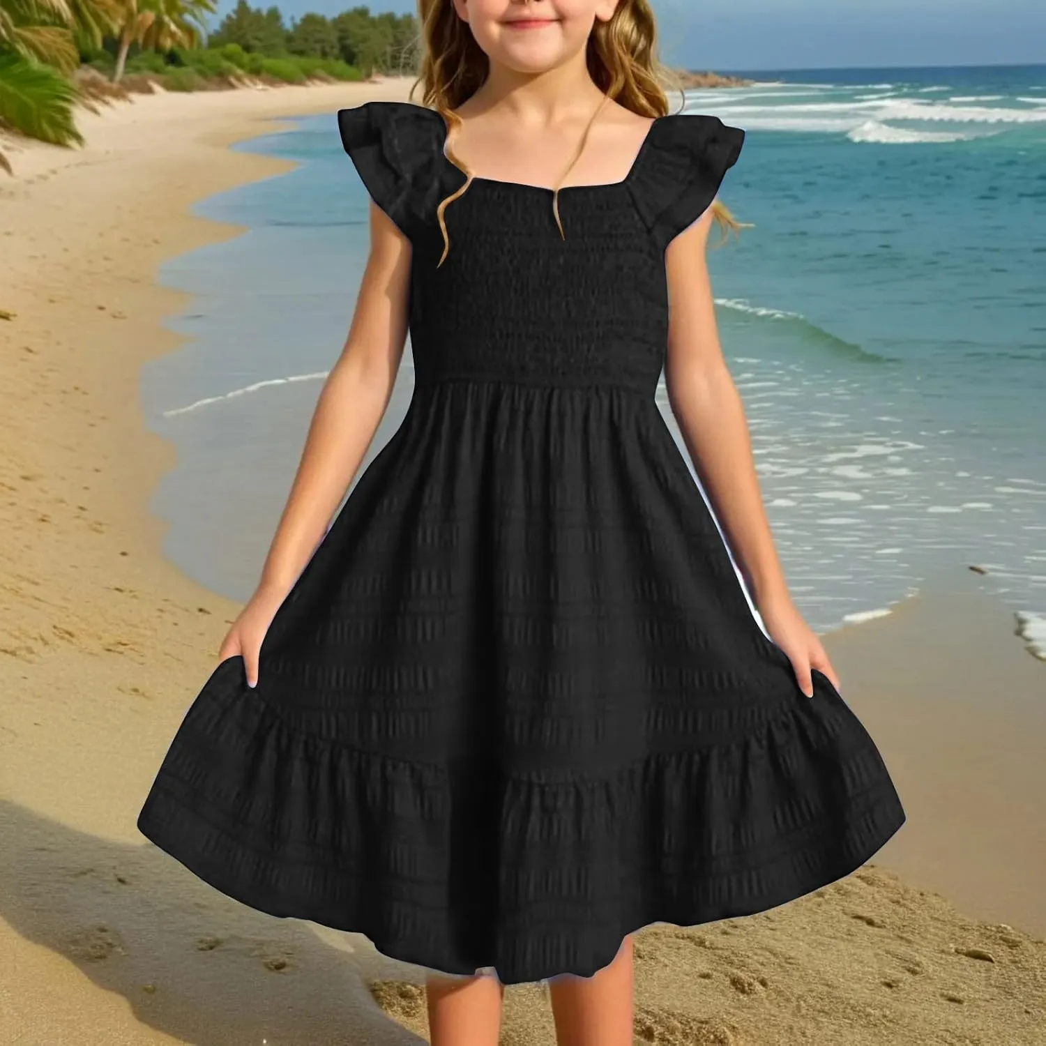 Girl's 2025 Summer Dresses Smocked Flutter Sleeve a Line Sundresses Swing Mini Casual Party Dresses Size 3-14 Years
