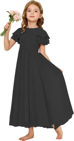 Girls Ruffle Sleeves Chiffon Flowing Long Flower Girl Dresses O-Neck Toddler Wedding Party Bridesmaid Maxi Dress