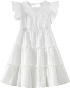 Girls Summer Dresses Tiered Crinkle Flowy Ruffle Sleeve A-Line Swing Backless Bow Lace-up Dress Size 4-12 Years
