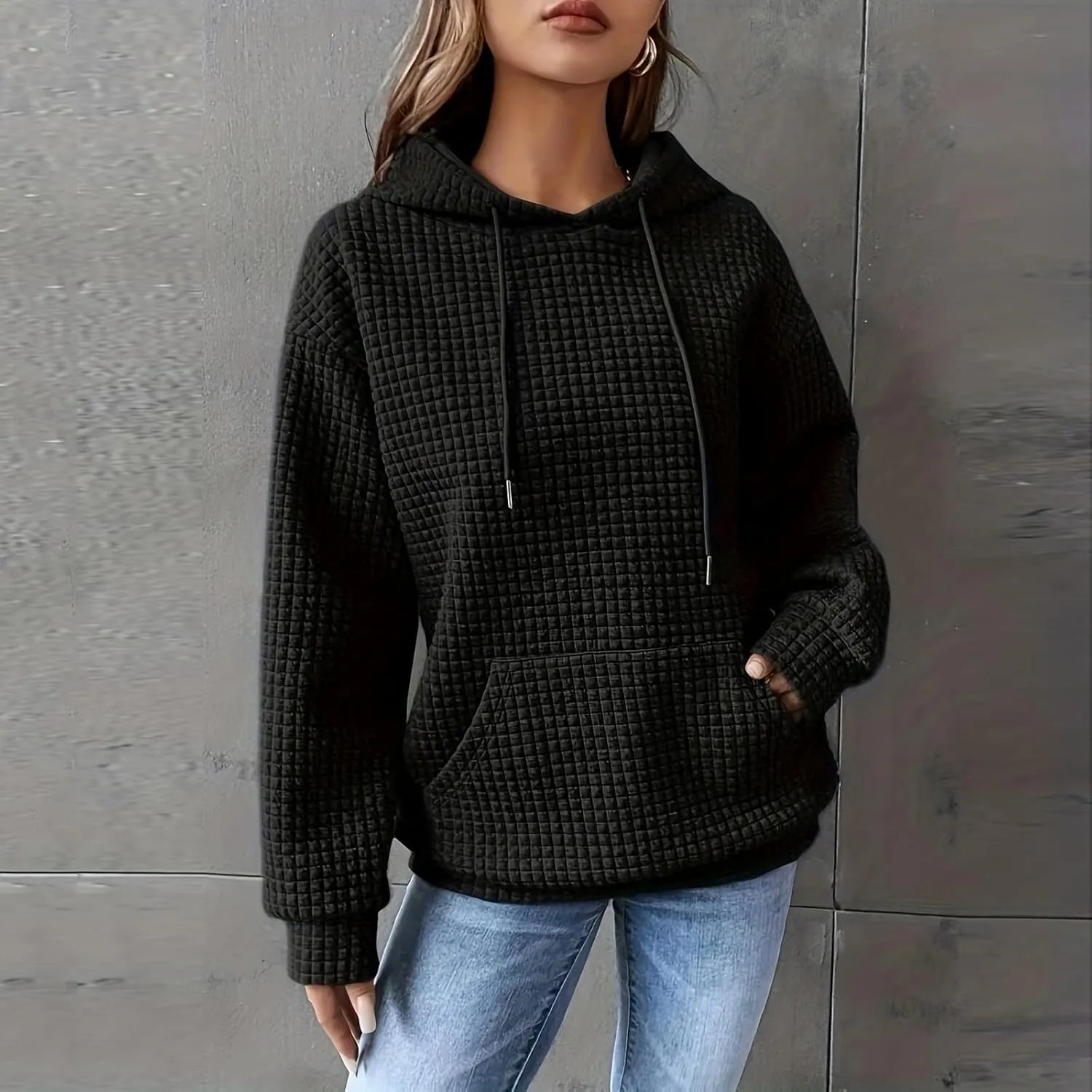 GOFULY Womens Hoodies Pullover Fall Waffle Knit Sweatshirt Winter Long Sleeve Shirts Solid Drawstring Hoodies With Pocket