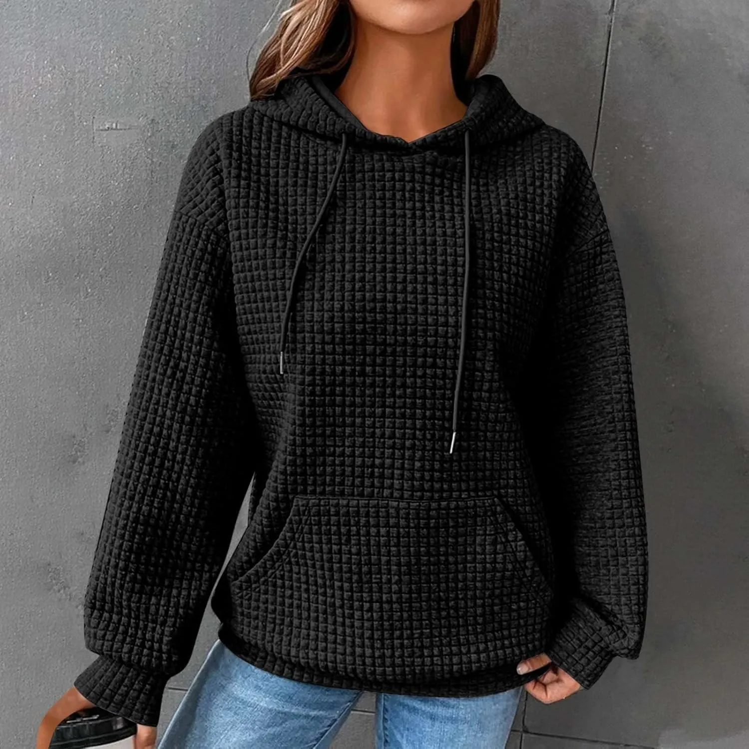GOFULY Womens Hoodies Pullover Fall Waffle Knit Sweatshirt Winter Long Sleeve Shirts Solid Drawstring Hoodies With Pocket