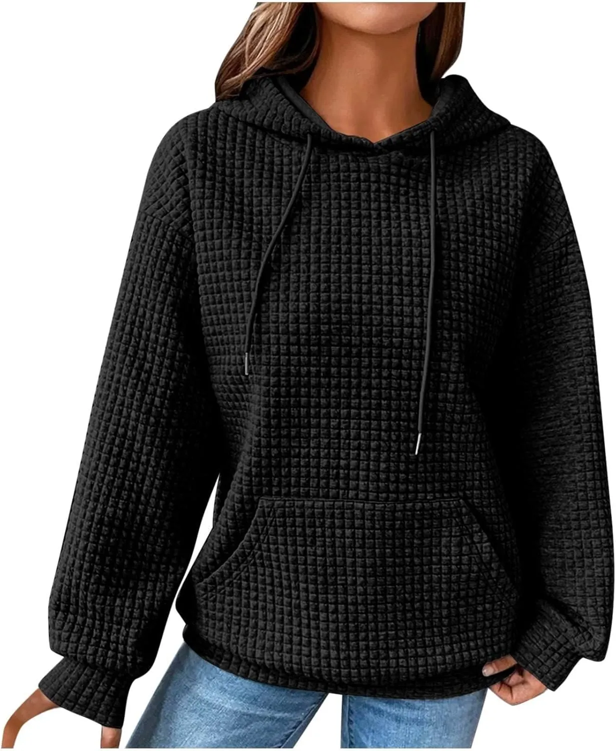 GOFULY Womens Hoodies Pullover Fall Waffle Knit Sweatshirt Winter Long Sleeve Shirts Solid Drawstring Hoodies With Pocket
