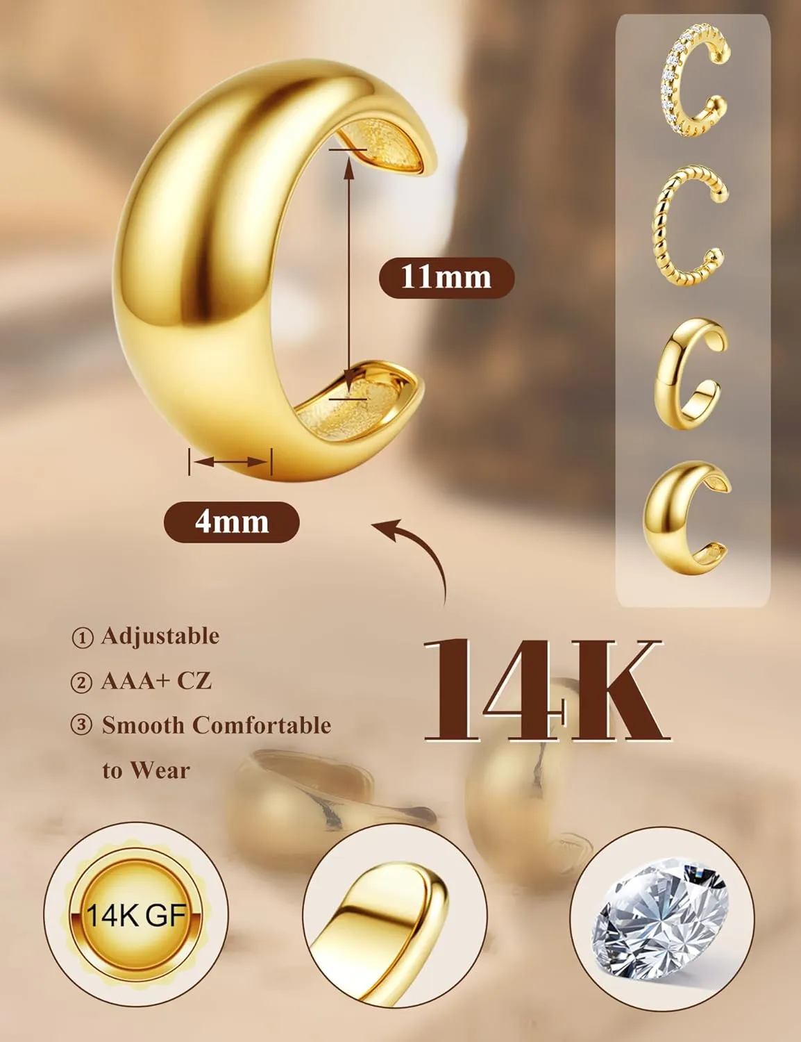 Gold Plated Ear Cuff Earrings for Women Non Piercing - Hypoallergenic Ear Cuffs Silver/Gold Non Tarnish Clip on Cartilage Earrings Fake Earring Set Trendy Jewelry 4Pairs