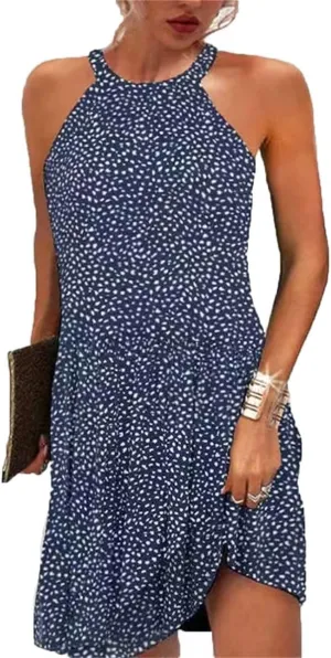 Halter Dresses for Women 2025 Casual Floral Print Summer Dresses Hollow Out A-line Sundresses for Beach Vacation Size M Blue Small Floral