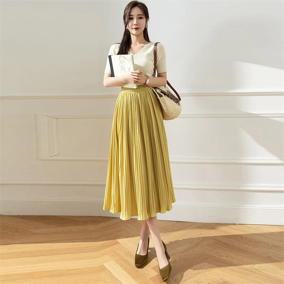 Hcclijo Spring Summer Pleated Skirts for Women Chic Fashion A Line Elegant Office Midi Skirt