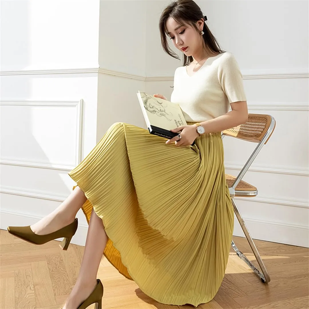 Hcclijo Spring Summer Pleated Skirts for Women Chic Fashion A Line Elegant Office Midi Skirt